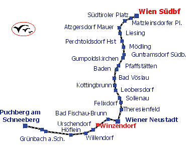 Übersicht Strecke mit der Bahn von Wien und Wiener Neustadt zum Hifi Handel AkustikTune Beratung Vorführung Verkauf